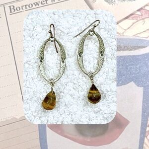 vintage gold dangling drop earrings with brown stone
